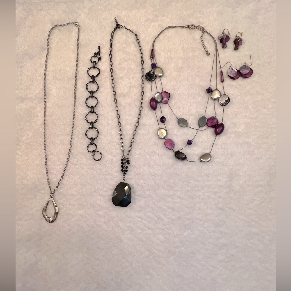 Womens Jewelry Set 3 Necklaces 1 Bracelet 3 Earrings Purple Black Silver Tone